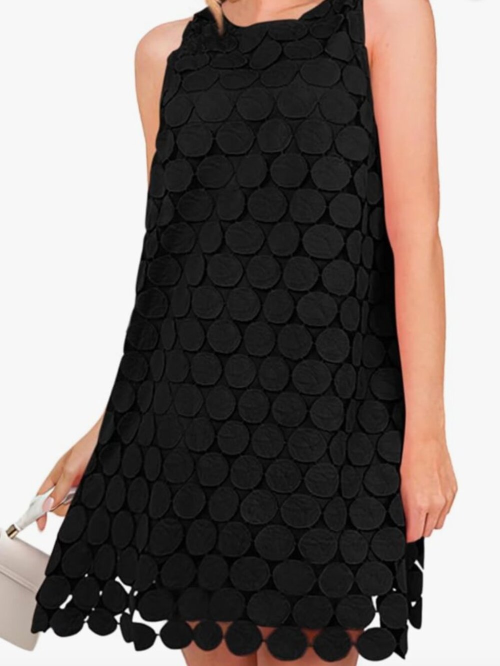 Sleeveless Black Dress with Circle Embroidery Overlay